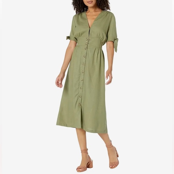 Buffalo David Bitton Dresses & Skirts - Buffalo Mariposa V-Neck Button Front Linen Viscose Blend Midi Dress Green Size M